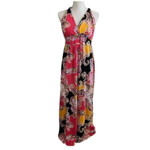 Allison Brittney Paisley Pink Black Yellow Maxi Dress Medium